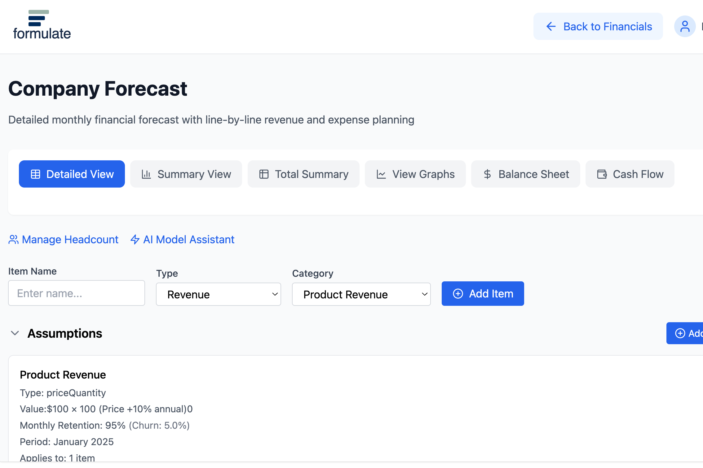 Formulate forecast interface screenshot
